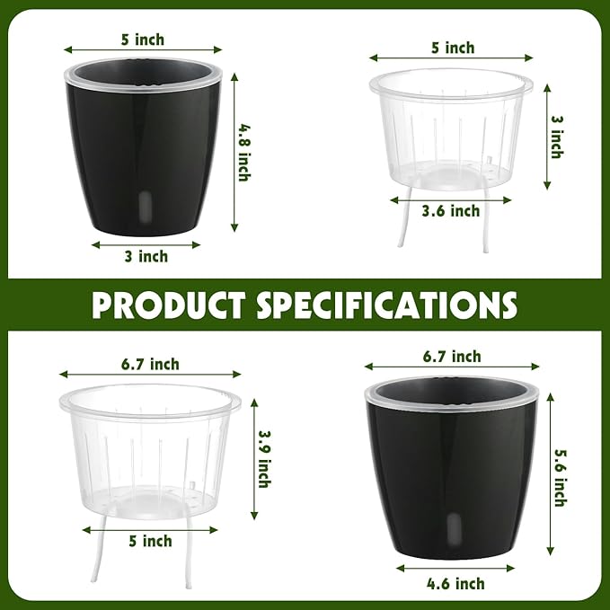 Self Watering Pots for Indoor Plants, 12-Pack 5'' Self Watering Planter with Drainage Holes, Small African Violet Pots with Water Level Indicator, Clear Wick Pot, Black