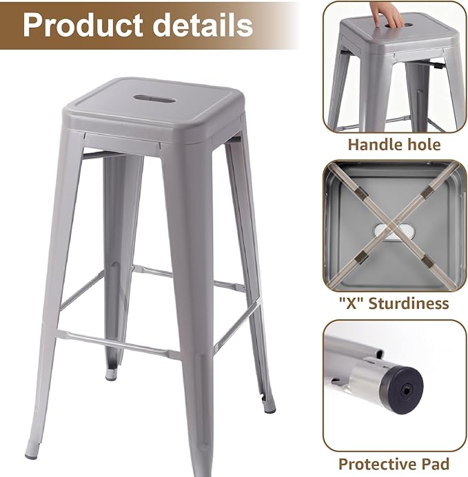 Stackable Metal Bar Stool Backless Indoor-Outdoor Counter Stools Fullmetal Dinning Chairs Set of 4 (Grey, 30 Inch)