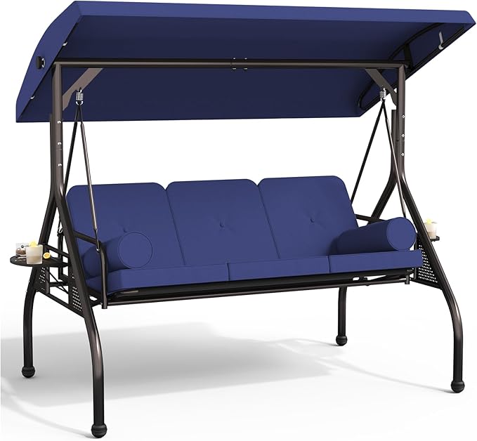 Oakcloud 3-Seat Outdoor Porch Swing with Adjustable Canopy, Large Converting Swing Chair, Patio Swing Glider with Pillows & Thick Cushions for Poolside Balcony Backyard (Blue)