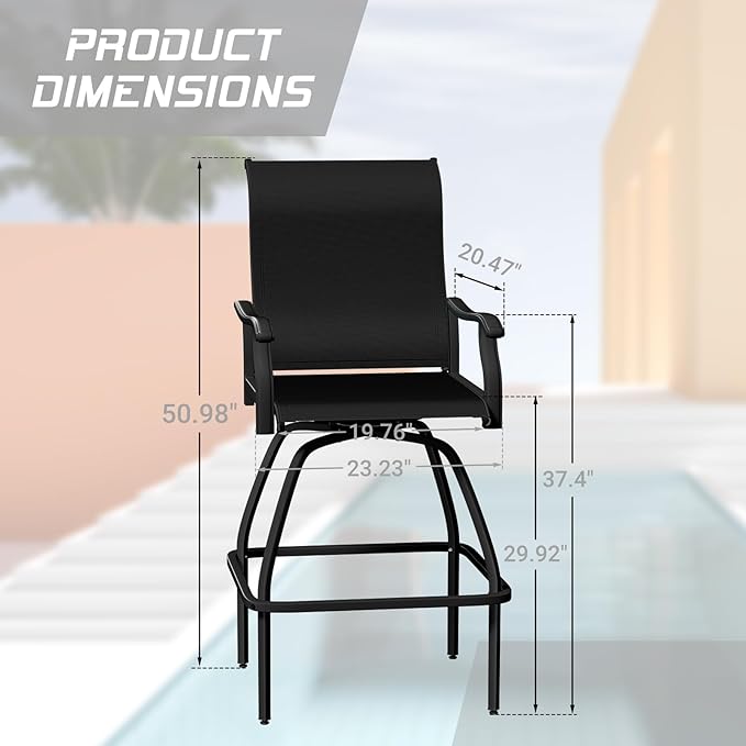 LEVELEVE Patio Bar Set 2pcs Swivel Bar Stools Outdoor Bistro Textilene Furniture Stability All-Weather Set (2, Black Padded)