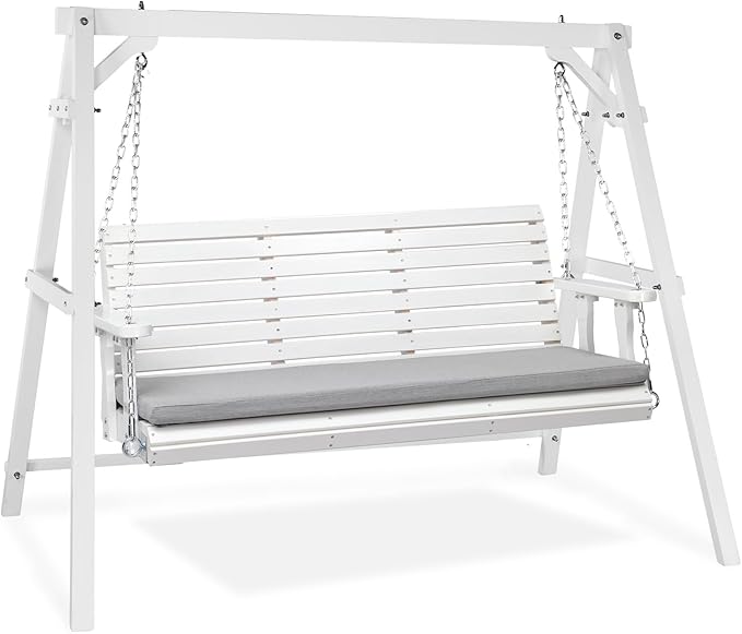 VINGLI 5 FT Outdoor Porch Swing with Frame, Patio Hanging Swing & Stand with Extra Cushions Heavy Duty 880 LBS for Yard, Garden, Pool, Deck, White