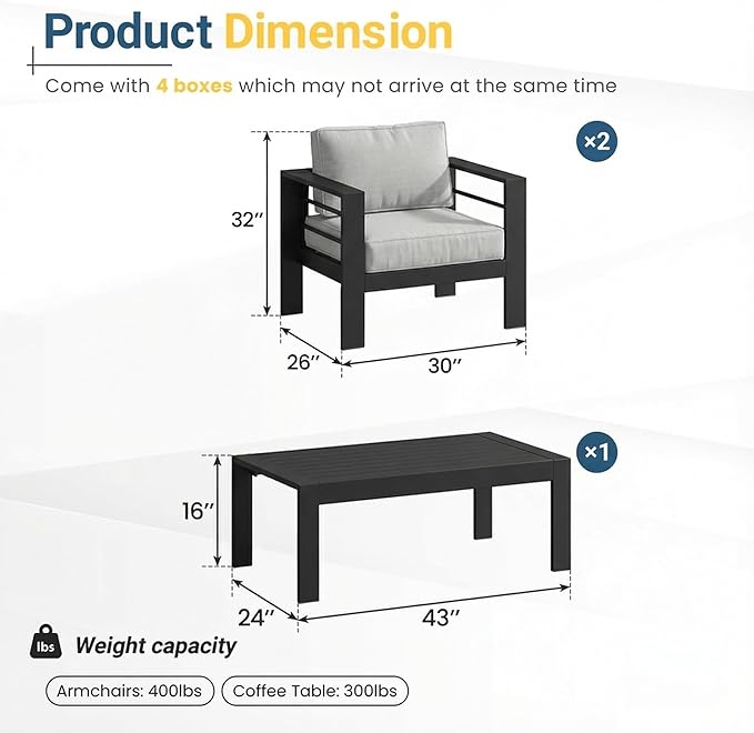 Solaste Aluminum Patio Furniture Set for All Weather, Oversized Metal Outdoor Furniture Set with 27.5" Deep Seating and 3.2" Wide Armrest, Outdoor Patio Sofa with 10" Back Suport Cushion