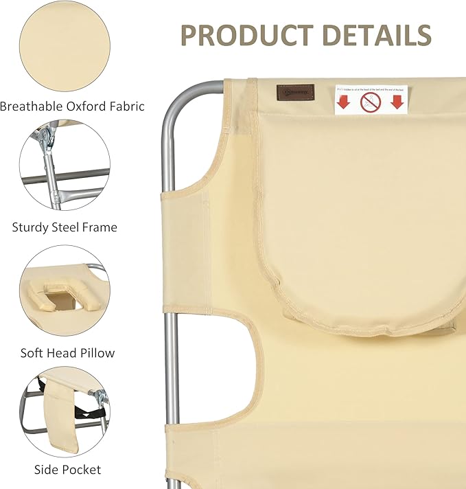 Outsunny Folding Beach Lounge Chair with Face Hole and Arm Slots, 5-Level Adjustable Sun Lounger Tanning Chair with Pillow for Patio, Garden, Beach, Pool, Beige