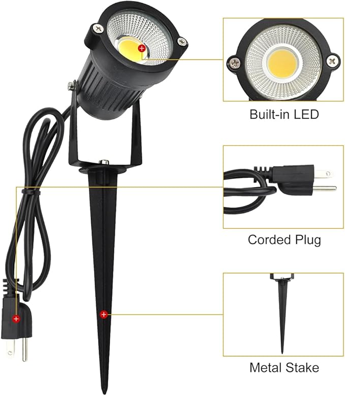 GSS6005 Plug in Spotlight Outdoor, 5W LED Landscape Spotlight 120V, 3000K Warm White, Metal Construction with Ground Stake, 3ft Cord and Plug, Black (Pack of 2)