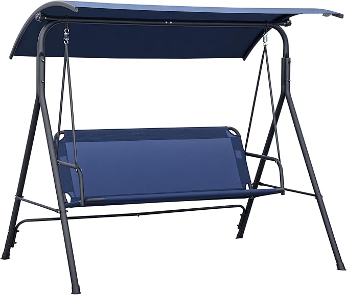 Outsunny 3-Person Porch Swing with Stand, Outdoor Swing for Patio Porch with Adjustable Tilt Canopy and Comfortable Swing Bench-Style Seat, Steel Frame, Dark Blue