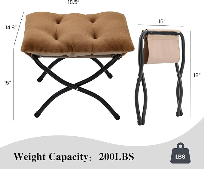 15"(H) Folding Ottoman, Foldable Footrest Stool, Portable Small Foot Stool for Couch, Collapsible Foot Rest Ottoman for Sofa, Accent Padded Ottomans for Living Room, Bedroom, Brown