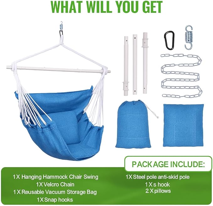 Backyard Expressions Hanging Hammock Chair Swing with Cushions & Hanging Kit – 500 lb Capacity, Cotton Blend Fabric, for Indoor/Outdoor Use – Includes Chain, Hooks & Spring – 5 Colors