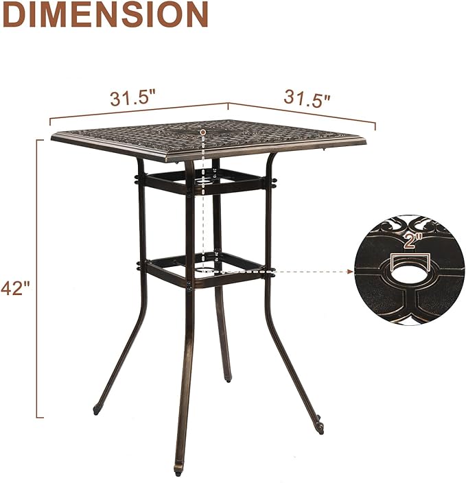 VINGLI Cast Aluminum Patio Bar Table, 42" Height High Top Outdoor Bar Table with Umbrella Hole, Pub Height Bistro Square Table for Paito Lawn Garden