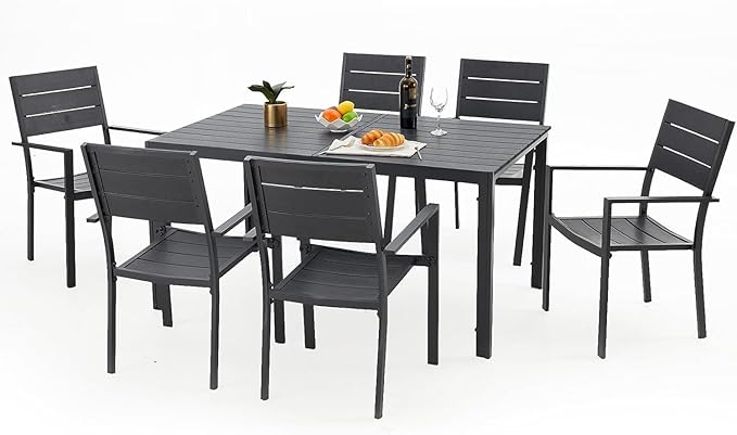 AECOJOY 7 Piece Outdoor Dining Set, 60" x 36" Aluminum Patio Table and Chairs Set for 6 with Rectangular Table and Stackable Chairs for Garden, Backyard, Black