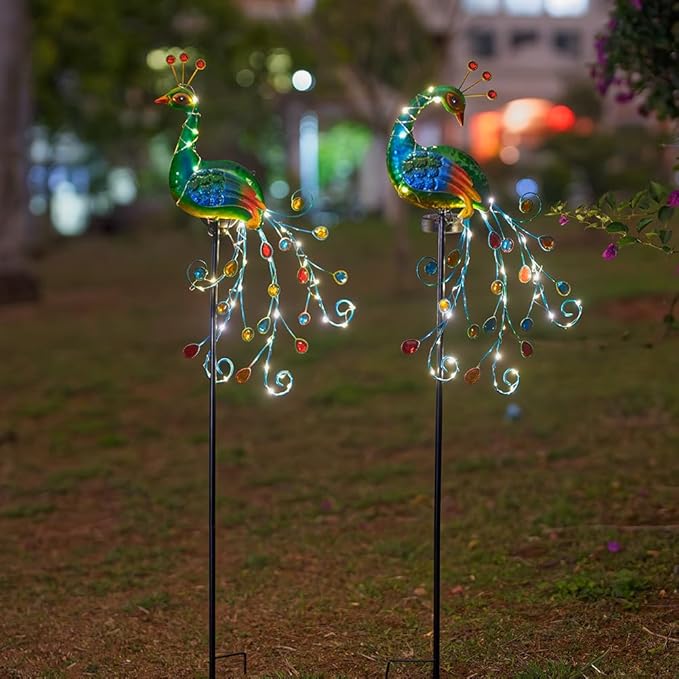 DREAMSOUL 2 Pack Peacock Solar Lights Outdoor, Tall Waterproof LED Outdoor Solar Lights for Yard Pathway Peacock Decor