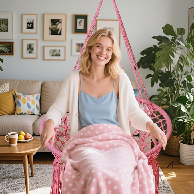 Goutime Hammock Chair, Macrame Hanging Swing Chairs with Hardware Kit,Adult Boho Swings for Outside,Patio,Balcony,Bedroom (Pink (Pillows are not Included))