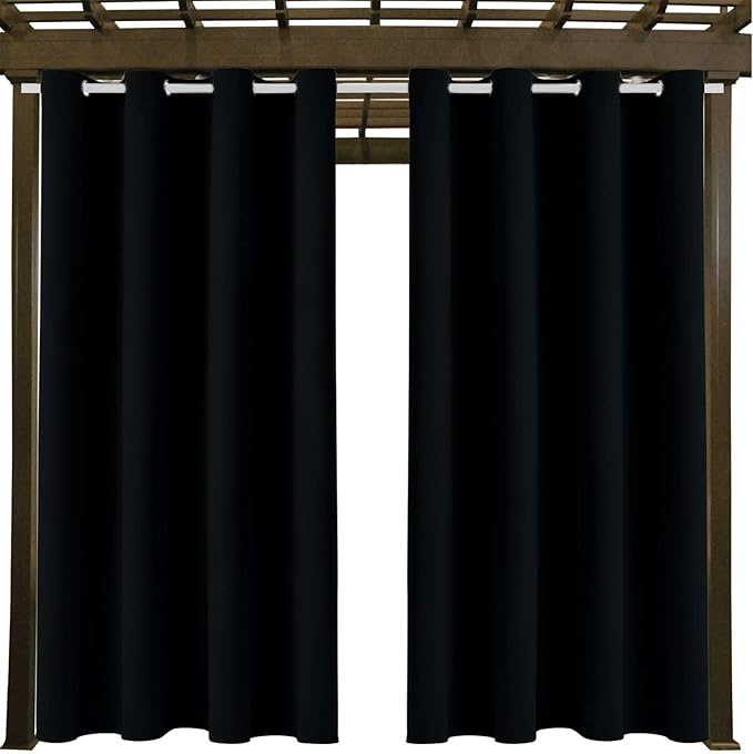 Water Proof Outside Curtains with Grommet Top for Porch, W52 x L132 Thermal Insulated Washable Light Block Outdoor Divider Drapes for Patio Gazebo Deck Pool Area Pergola Cabana (Black)