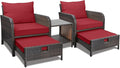 LEVELEVE Balcony Furniture 5 Piece Patio Conversation Set, PE Wicker Rattan Outdoor Lounge Chairs with Soft Cushions 2 Ottoman&Glass Table for Porch, Lawn-Brown Wicker（Wine Red