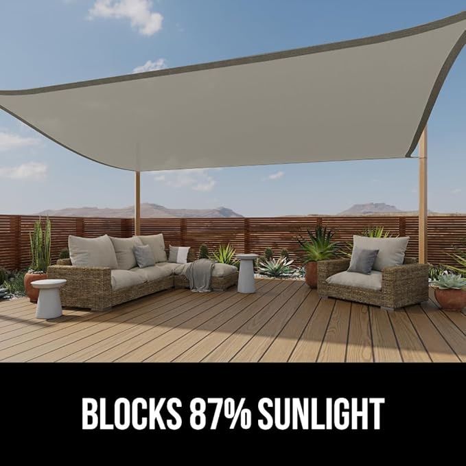 GORILLA GRIP Heavy Duty Sun Shade, UV Protection Fade Tear and Rust Resistant Rectangle Sunshade Canopy, Curved Edges Blocks Sunlight, Breathable Sail, Outdoor Patio, Lawn Garden 12x12 FT Gray