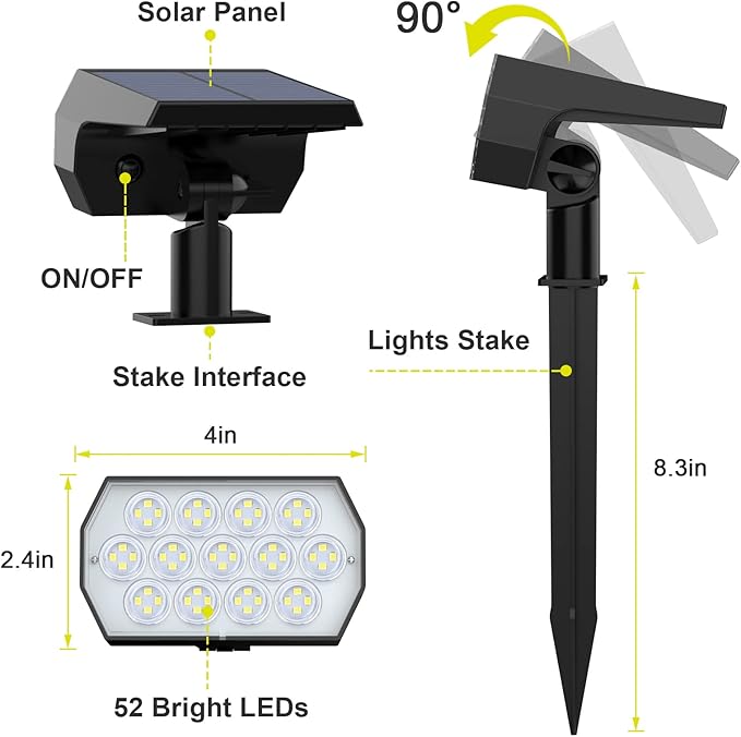 Solar Spot Lights Outdoor Waterproof IP65, [2 Pack/52 LED] 2-in-1 Solar Landscaping Spotlights, 3 Lighting Modes Solar Powered Garden Flood Light for Patio Pathway Driveway Pool Yard(Cool White)