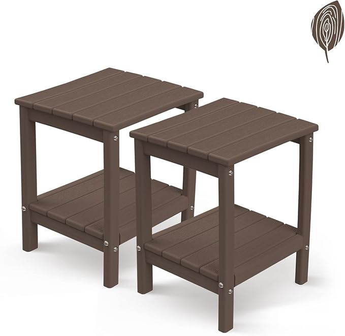 GREENVINES Adirondack-Outdoor-Side-Table | Set of 2 | Wood Grain | 14 x 13 Inches | HDPE Plastic | All Weather | Dark Brown | Outside End Tables | Storage Shelf | for Patio