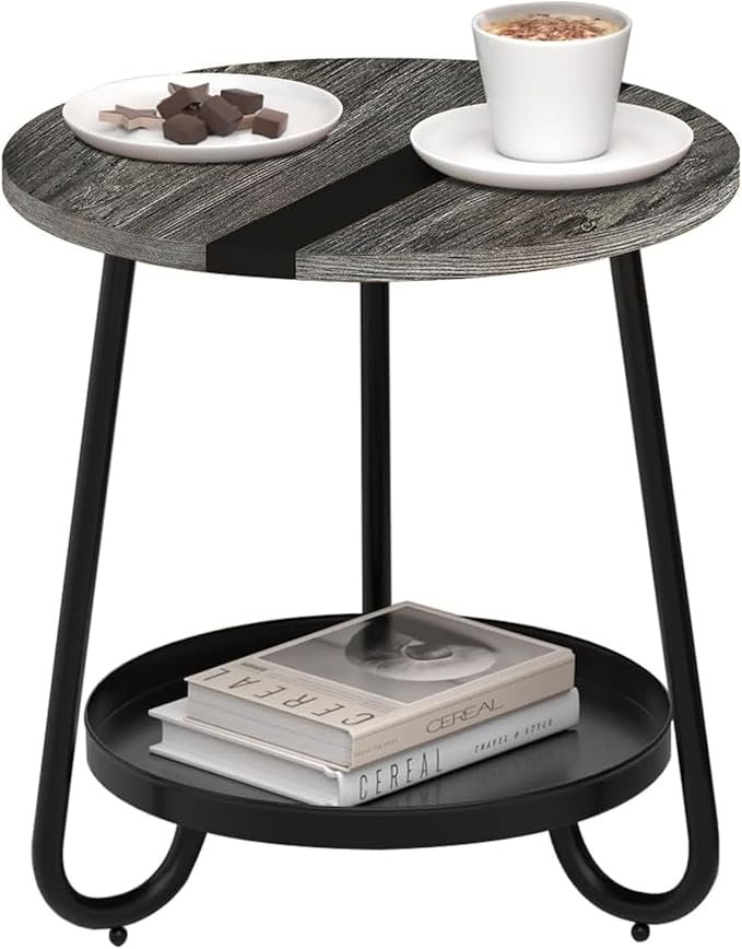 2 Tier Coffee Table in Living Room, Industrial Style Round Coffee Table with Metal Tray, Wood Small Outdoor Coffee Table for Bedroom Balcony Patio, Gray
