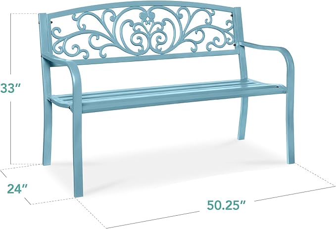 Best Choice Products Outdoor Bench Steel Garden Patio Porch Furniture for Lawn, Park, Deck w/Floral Design Backrest, Slatted Seat - Sky Blue