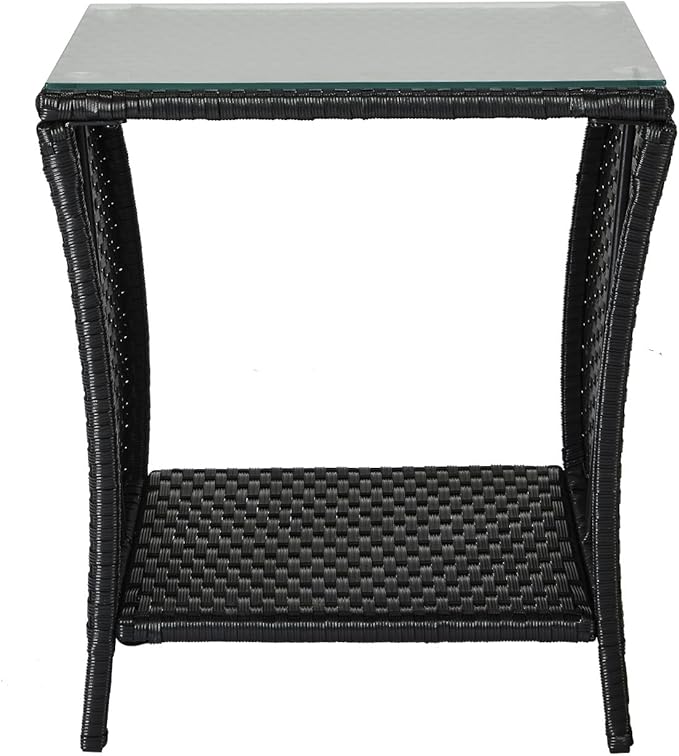 Wicker Rattan Side Table, Outdoor Square Rattan Coffee End Table with Tempered Glass Top and Storage for Patio Porch Lawn (Black)