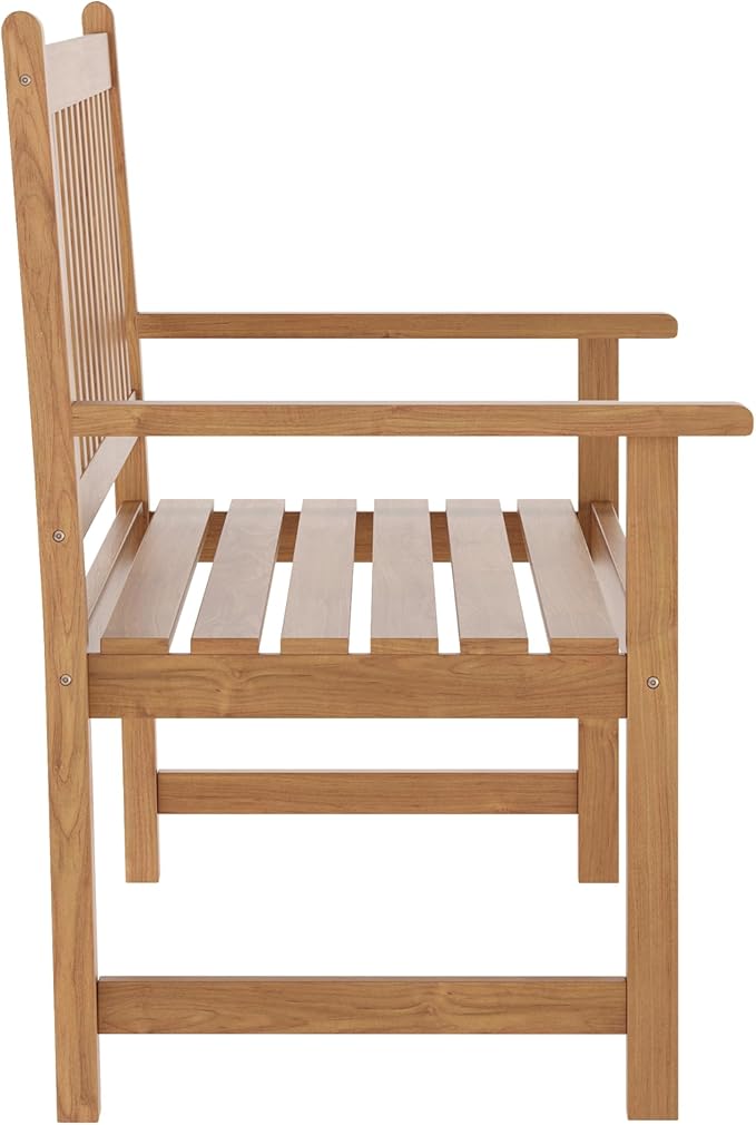 Flash Furniture Adele Commercial Indoor/Outdoor Acacia Wood Bench, 2-Person Slatted Patio Loveseat, for Use in Yard, Garden, Porch, or Park, Brown
