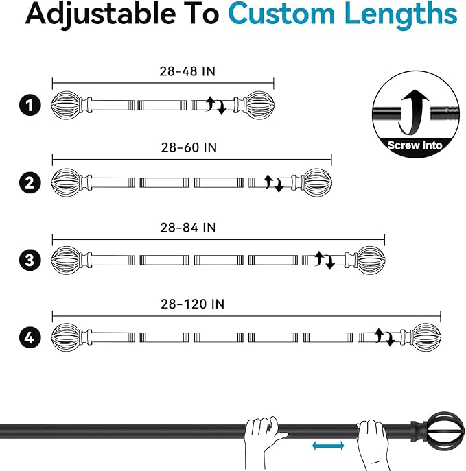 Curtain Rods for Windows 48 to 84, 2 Pack 5/8 Inch Black Heavy Duty Metal Curtain Rods Set - Rustic Decorative Drapery Rods with Brackets for Farmhouse, Bedroom