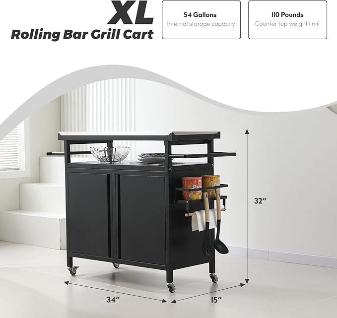 Nexaio XL Rolling Bar Grill Cart Outdoor Patio Furniture, Outdoor Grill Table with Stainless Steel Top for Kitchen Prep and Outdoor Storage Cabinet for Grilling Accessories, Black