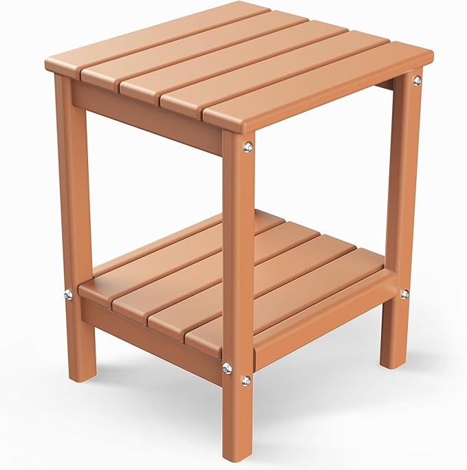 GREENVINES Adirondack-Outdoor-Side-Table | 14 x 13 Inches | HDPE Plastic | All Weather | Teak | Outside End Tables | Storage Shelf | for Patio Porch Backyard Indoor
