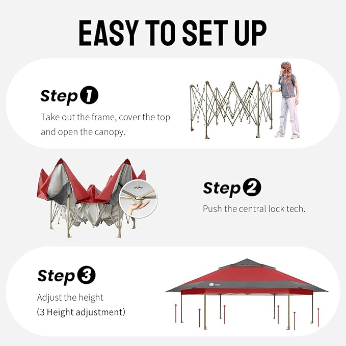 CROWN SHADES 13x13 Pop Up Gazebo with Mosquito Nettings, Patented Center Lock 6-Sided Portable Gazebo, 300D Silver-Coated Fabric UV Resistant, Pop Up Canopy Tent for Patio, Party, Red&Grey