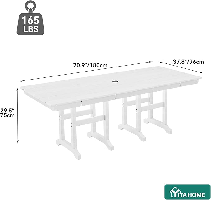YITAHOME HDPE Patio Dining Table for 6, 71" Outdoor Dining Table w/Max Bearing 165 LBS, All Weather Rectangular Patio Table w/1.57" Umbrella Hole for Backyard Garden Lawn, White