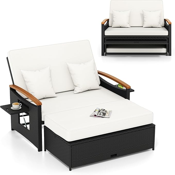 Moccha Outdoor Wicker Daybed, Patio Rattan Loveseat Sofa w/ 4-Level Adjustable Backrest, Folding Panels, Storage Ottoman & Cushions, Lounge Furniture Set for Poolside Backyard Porch (White & Black)
