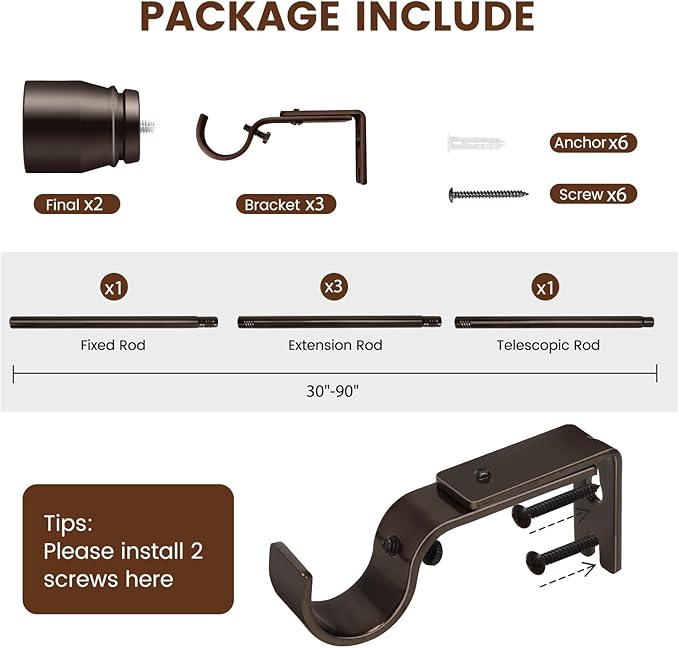 1” Diameter brown curtain rod Itself is 30 to 90 inch. 1 Pack Fits 30-84 inch Windows with Heavy Duty Adjustable brown curtain rods Splicing Metal Extra Long Curtain Rod