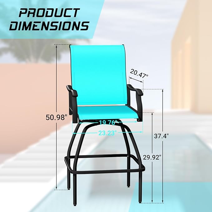 LEVELEVE Patio Bar Set 2pcs Swivel Bar Stools Outdoor Bistro Textilene Furniture Stability All-Weather Set (2, Lake Blue Padded)