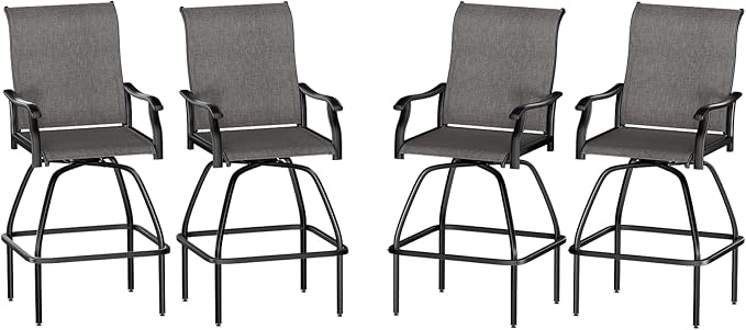 LEVELEVE Patio Bar Set 4pcs Swivel Bar Stools Outdoor Bistro Textilene Furniture Stability All-Weather Set (Grey Fabric)