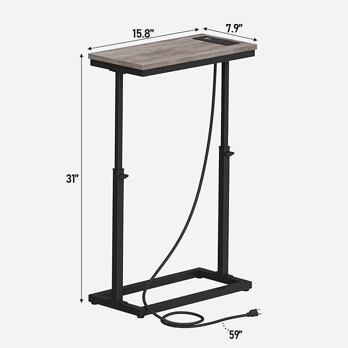 TUTOTAK End Table with Charging Station, Side Table, Tall Couch Table, Sofa Table, Living Room, Bedroom,Greige TB01BG084