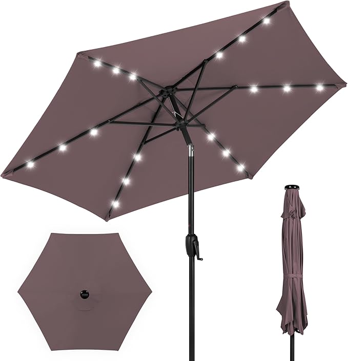 Best Choice Products 7.5ft Outdoor Solar Market Table Patio Umbrella for Deck, Pool w/Tilt, Crank, LED Lights - Deep Taupe