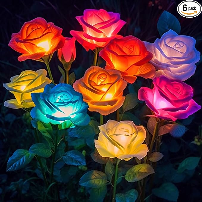 6-Pack Solar Flowers Outdoor Waterproof - Solar Garden Lights with Rose, Solar Flower Lights for Outside Yard Decorations Outdoor