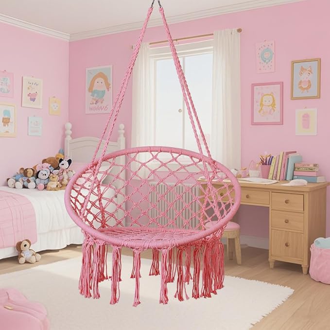 Goutime Hammock Chair, Macrame Hanging Swing Chairs with Hardware Kit,Adult Boho Swings for Outside,Patio,Balcony,Bedroom (Pink (Pillows are not Included))