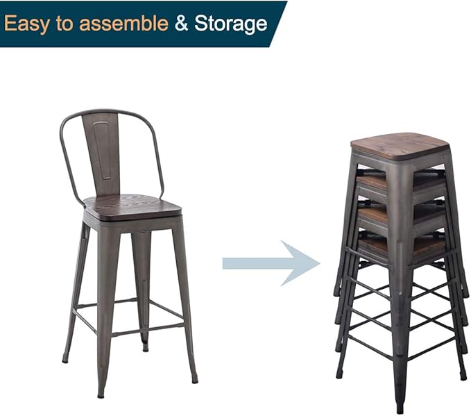 Alunaune 26" Swivel Metal Counter Height Bar Stools Set of 4 High Back Industrial Bar Chairs Kitchen Barstools with Large Wooden Seat-Rusty