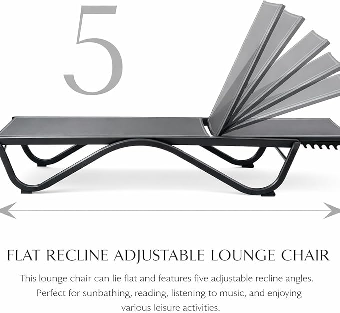 Kozyard Outdoor Chaise Lounge Chair, Full Flat Adjustable Patio Lounger with Aluminum Frame & Resin Legs, Textilene Fabric for Poolside, Backyard & Beach (Gray, Chair)