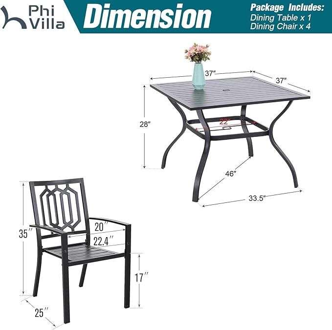 PHI VILLA 5 Pieces Outdoor Dining Set for 4, 37” Black Square Wrought Iron Table with Umbrella Hole & Stackable Chairs, Outside Metal Furniture for Patio, Deck, Yard, Porch