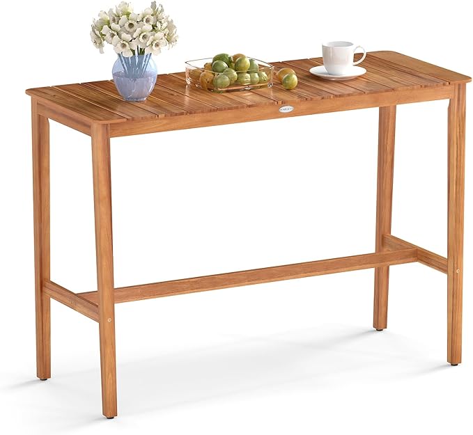Tangkula Patio Bar Table, 54” x 22” Acacia Wood Counter Height Table with Slatted Tabletop & Footrest Crossbar, Rectangle High Top Table for Backyard, Poolside, Balcony
