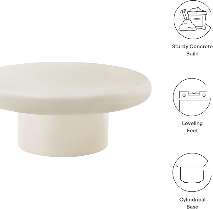 Modway Argos Round Concrete Coffee Table in White - Cement Low Coffee Table for Sitting on The Floor - Weather Resistant Stone Patio Coffee Table - Indoor Outdoor 34 Inch Center Table