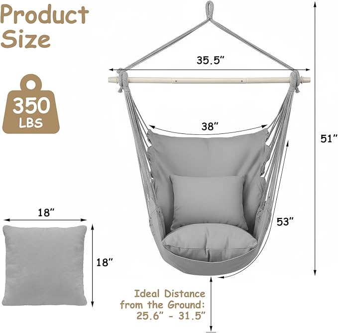 Athena Collection Hammock Chair Hanging Rope Swing Chair with 2 Cushions, Max 350 Lbs, Hanging Macrame Chair with Anti-Slip Grooves Spreader Bar and Pocket for Outdoor Indoor Patio Yard, Gray
