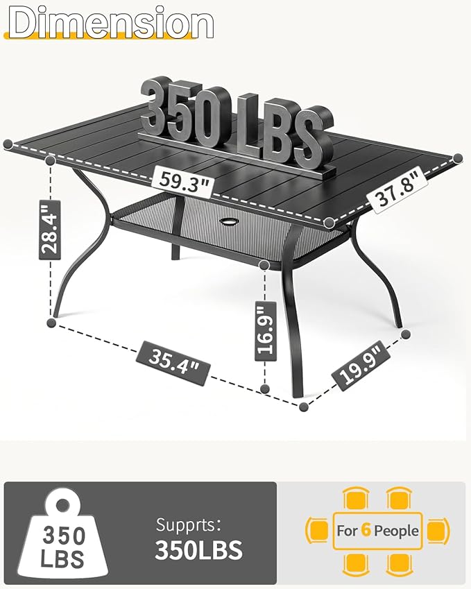 Outvita Outdoor Patio Table for 6 Person, Black Rectangular Metal Frame Patio Classic Dining Table with 1.65" Adjustable Umbrella Hole for Garden Lawn Backyard Deck, 60" L x 35" W x 29" H