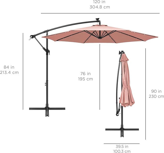 Best Choice Products 10ft Solar LED Offset Cantilever Hanging Market Patio Umbrella, 8 Sturdy Ribs, Easy Adjustment - Rose Quartz