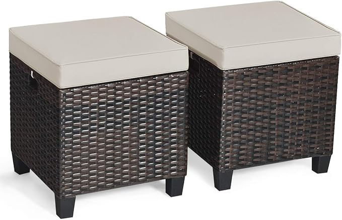Tangkula 2 Pieces Outdoor Patio Ottoman, All Weather Rattan Wicker Ottoman Seat, Patio Rattan Furniture, Outdoor Footstool Footrest Seat w/Removable Cushions