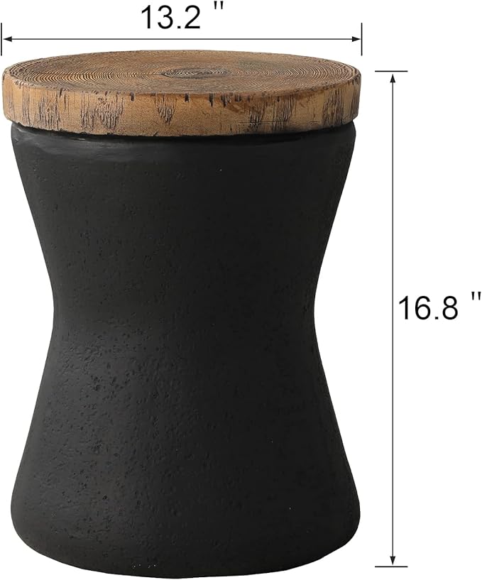 SUNBURY Outdoor Accent Table, 13" W Hourglass Shaped Outdoor Side Table for Patio, Concrete Garden Stool End Table, Morden Concrete Wooden-Look Top for Bedroom, Garden, Backyard