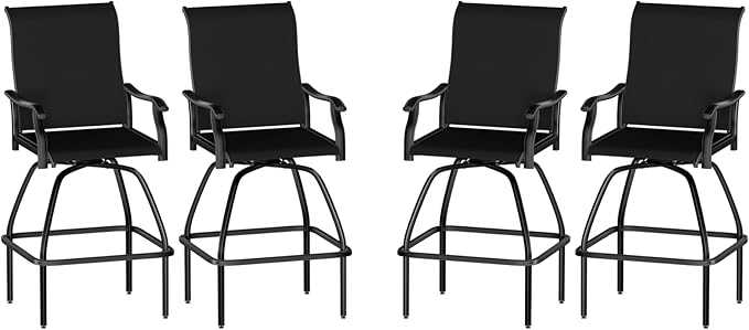 LEVELEVE Patio Bar Set 4pcs Swivel Bar Stools Outdoor Bistro Textilene Furniture Stability All-Weather Set (Black Fabric)