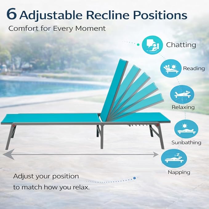 Kozyard Outdoor Foldable Lounge Chair, Aluminum Frame Patio Lounger with 5-Position Adjustable Backrest, Breathable Textilene Fabric, Assemble-Free, Reclining Full-Flat Poolside(Aqua)