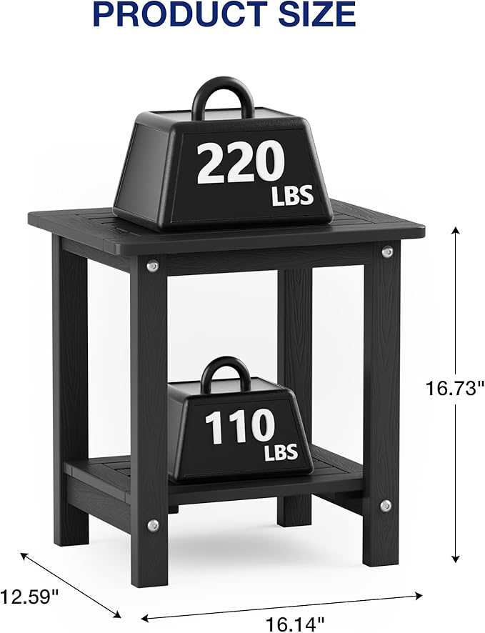 YEFU Outdoor Side Table for Patio: 16" HIPS Weather - Resistant Adirondack Tables Set of 2 - Small Square End Tables for Backyard Pool Porch Balcony - Indoor Outdoor Double Layer Table Black